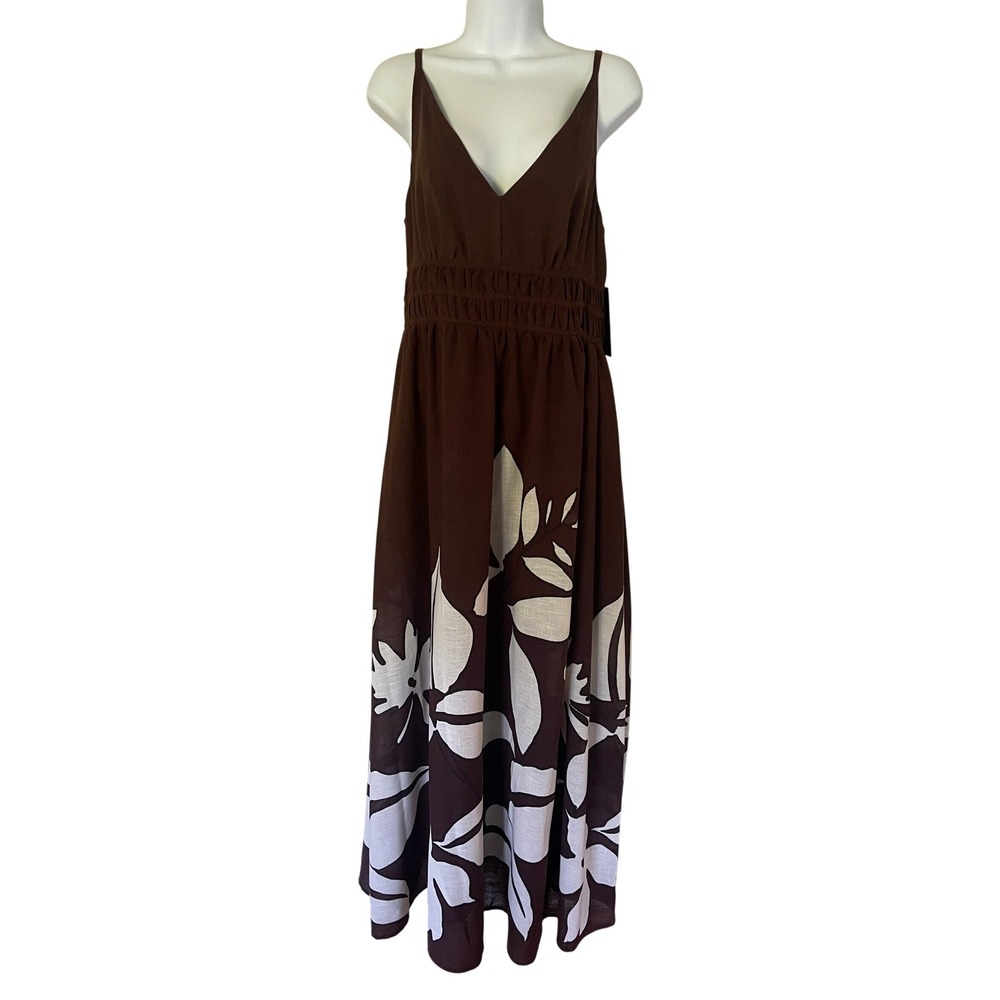 Taylor Women Brown White Leaf Print Smocked Maxi Dress Size 10 NWT